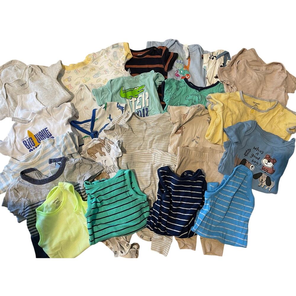 6-9M Baby Boy 24pc Clothing Lot Mixed Brand Bodysuits Rompers Pants Preowned